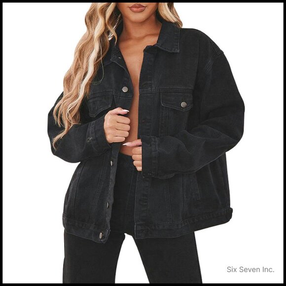 Distressed Oversized Denim Trucker Jacket Women's Long Sleeve Button Up